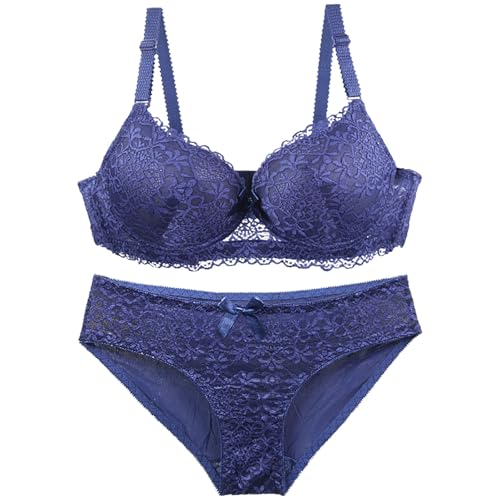Soutien-gorge push-up à armatures rembourré et sa culotte dentelle bleu foncé chic