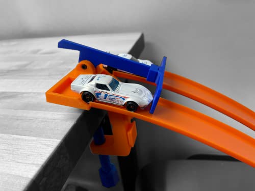 clamp with 2 lane starter gate compatible with hot wheels cars and track blueorange