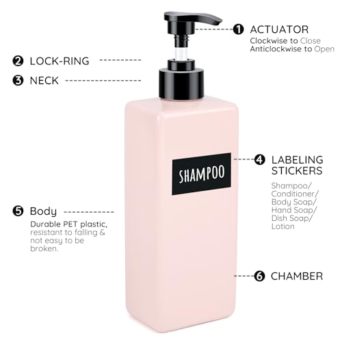 Image of Segbeauty 16.9oz Soap Dispenser Refillable, 2pcs Pink Shower Lotion Bottles with Labels, 500ml Plastic Square Shampoo and Conditioner Bottles for Bathroom, Empty Hand Dish Soap Dispenser for Kitchen