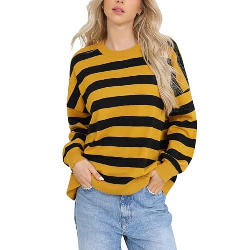 Totatuit Womens Oversized Sweaters Casual Long Sleeve Crewneck Striped Knit Pullover Tops Cute 2025 Fall Sweaters Yelllow Medium