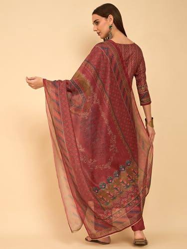 Image of SheWill Kurta Sets for Women - Red Rayon Aari Hand Work with Digital Floral Print Kurta with Pant and Chanderi Dupatta |Stylish Printed Summer Kurti Set
