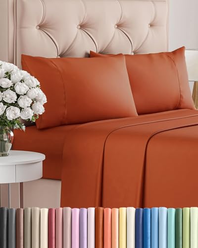 Image of Twin 4 Piece Bed Sheet Set - Soft, Breathable & Cooling Sheets - Terracotta | Ultra Soft Hotel Luxury Bedding Set with 8-16 Inch Deep Pockets, 1 Flat & 1 Fitted Sheet & 2 Pillowcases, Wrinkle & Fade Free