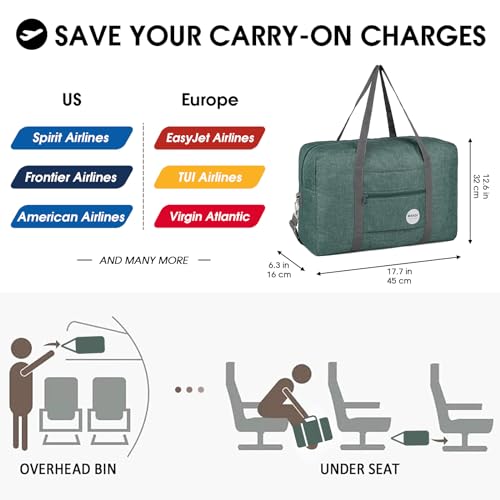 Image of Wandf Foldable Travel Duffel Bag Luggage Sports Gym Water Resistant Nylon (B-Light Green) | 18x14x8 inches, Frontier Airline Underseat Fit, Weekend Overnight Trips, Lightweight Packable