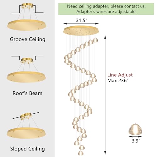 Image of 236'' Long Large Crystal Chandeliers LED Chandeliers for High Ceiling Handing Light Fixture for Entrance Hallway Foyer Staircase Lobby Gold