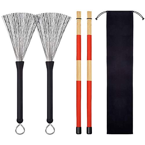 Purebesi Brosse de Tambour rétractable de Fil DE,19 Films de Bambou Stick Drum Instruments de Percussion Accessoires Drum Brushes Set Hot Rods Drum Wire Brushes Sticks Drawstring Storage Bag Drum Set