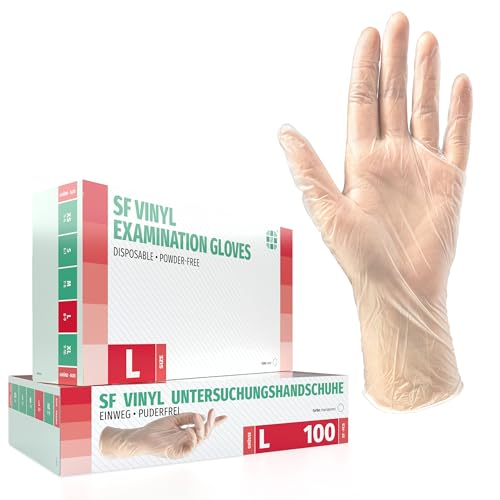 Guantes de vinilo 100 pcs caja (L, Transparente), guantes de examen desechables, libres de látex y polvo, sanitarios para la limpieza de la cocina, no estéril