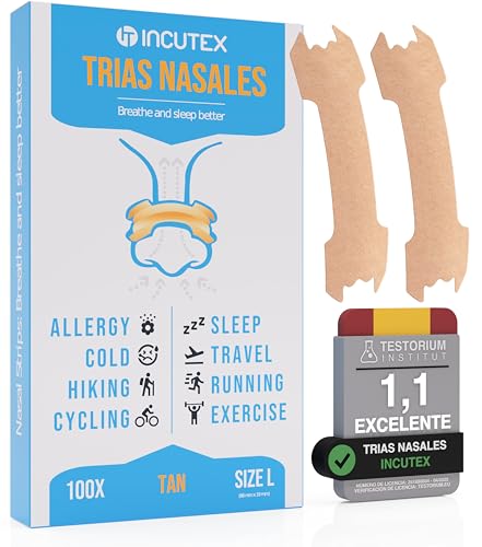 Incutex Tiras Nasales 100 Unidades Ayuda Antirronquidos para Hombres y Mujeres, Parches Nasales para Respirar, Dormir Mejor, Deportivas, Tamaño L (66×19 Mm), Beige