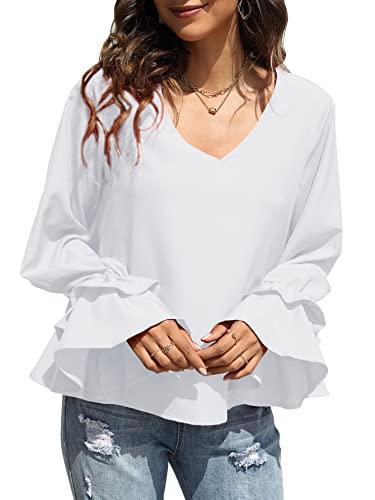 Lyaner Women's Casual V Neck Tiered Ruffle Bell Long Sleeve Blouse Shirts Tunic Top White Large #TOP3
