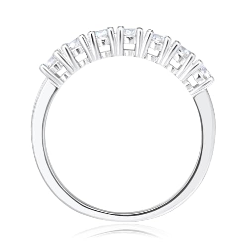 MORGAN & PAIGE .925 Sterling Silver Wedding Bands for Women, Cubic Zirconia Ring Stackable Round 7 Stone Prong Setting - Platinum, Yellow Gold or Rose Gold Plated Wedding Rings for Women Size 6-92