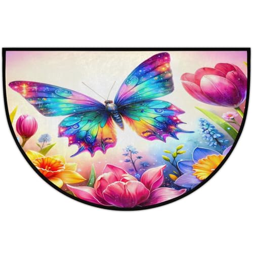 Image of cfpolar Half Round Door Mat Flower Animal Butterfly Non-Slip Semi Circle Area Rug Washable Half Moon Hearth Rugs for Indoor Outdoor Bathroom Kitchen Patio Runner Mat Laundry Room Home Decoration
