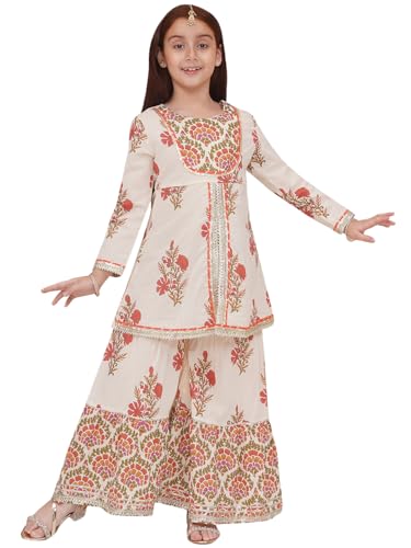 Image of Preneum Girls's Cotton Rayon Gota Pati Multi Floral Printed Angrakha Kurta with Sharara & Dupatta
