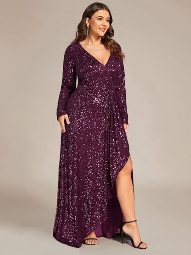 Ever-Pretty Women's V-Neck A-Line Pleated Long Sleeves Floor Length Plus Size Sequin Dress Formal Evening Gowns 50146-DA4