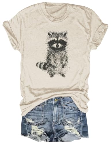 Beopjesk Funny Animal Graphic Tees for Women Summer Tops Raccoon Sketch Printed Short Sleeve T...