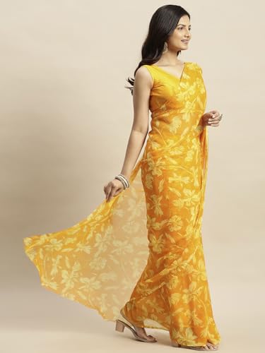 Image of RATAN Women's Chiffon Floral Printed Saree with Unstitched Blouse Piece
