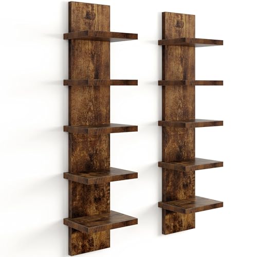 Fun Memories 5 Tier Wall Shelf Unit, Decorative Wall Mount Vertical Shelving, Floating Storage Home Decor Organizer Tall Tower Design Utility Shelving Bedroom Living Room, Brown 2Pack