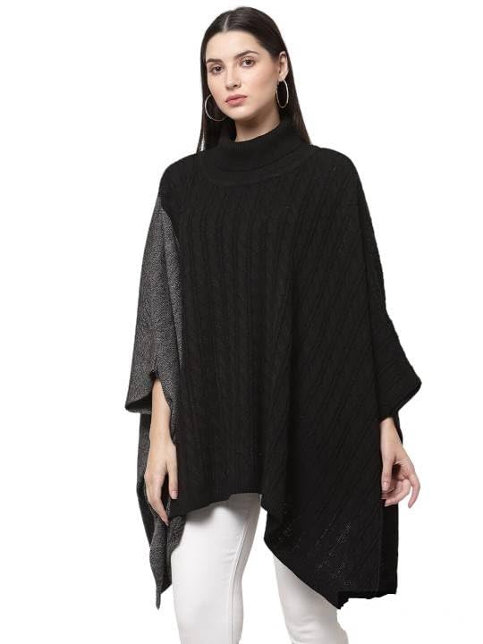 513 Girls Womens Acrylic Colorblock Winter Wear Turtle Neck Knitted Waterfall Shrug Poncho Black-picture-30