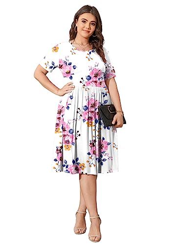 Image of POSESHE Womens Plus Size Summer Dress 2026 Casual Short Sleeve Empire Waist Loose Fit Swing T-Shirt Dress with Pockets