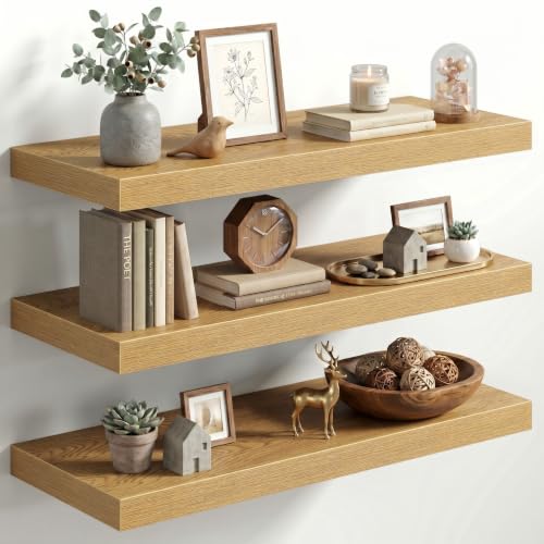 Image of Fun Memories 30 Inch Floating Shelves for Wall, 12 inch Deep Large Wall Mounted Wood Shelves with Invisible Bracket, Rustic Oak Floating Shelf for Bathroom Over Toilet Kitchen Living Room, Set of 3