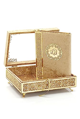 ihvan online The Holy Qur'an Set, Luxury Islamic Prayer Gift Box with Elegant Velvet Covered Quran, Arabic, Transparent Velvet Covered Dowry Box Quran Set for Ramadan & Eid Gift, Gold