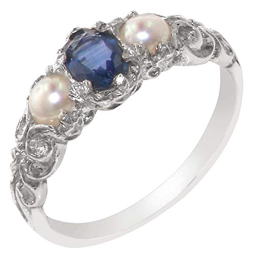 LetsBuyGold 925 Sterling Silver Real Genuine Sapphire and Cultured Pearl Womens Band Ring