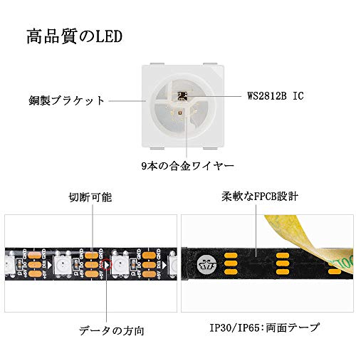 BTF-LIGHTING WS2812B LEDテープライト 5050 SMD RGBIC 合金ワイヤー 1m 60LEDs 個別にアドレス指定可能 切断可能 プログラマブル可能 DC5V ドリームフルカラー 夢幻色 ネオピクセル 黒PCB IP65 シリコンコーティング防水 LEDストリングライト イルミネーション 室内照明 パーティー クリスマス適用可能