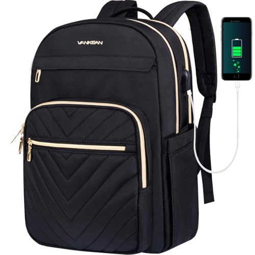 VANKEAN 15.6 Zoll Laptop Rucksack Damen, Schulrucksack wasserdicht Damen Herren Arbeitstasche mit USB Ladeanschluss für Universität Business Arbeit Reisen Camping, Schwarz
