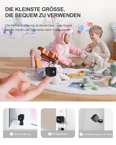 AOBOCAM Mini Kamera, 4K HD WLAN Überwachungskamera Innen Live Übertragung Handy APP Für WiFi Camera Indoor Mit Akku Kompakte Sicherheitskamera mit Bewegungsmelder/Nachtsicht/Cloud-Speicher