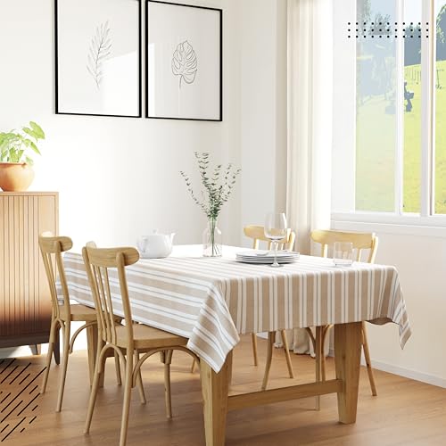 Image of Encasa XO Cotton Rectangular Table Cloth for 4 to 6 Seater | (140x180 cm) | Franca Beige Stripes | Dining Tablecloth for Decoration