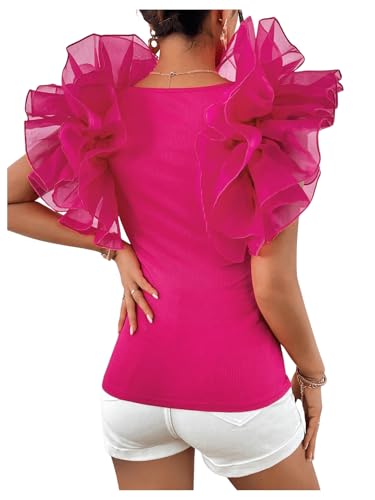 OYOANGLE Women's Short Sleeve Layer Ruffle Blouses V Neck Rib Knitted Tops2