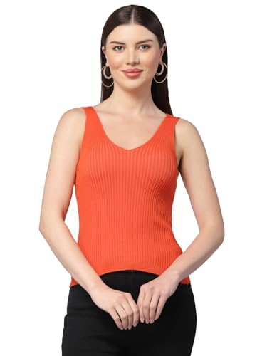 Image of Kalt Women Knitted, Ribbed Cotton Fitted Sleeveless V-Neck Cami Tank Top for Women Stylish