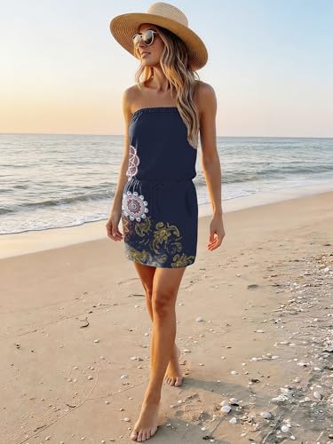 Image of Summer Dress for Women Strapless Beach Cover Ups Boho Sundress Mini Dress Drawstring Waist with Pockets