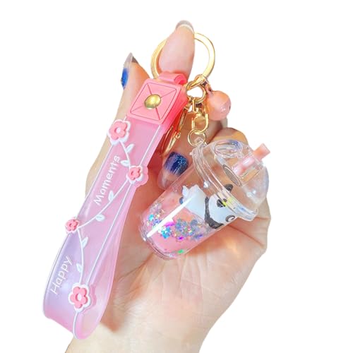 Rertnocnf Cute Kawaii Keychain Floating Cartoon Panda Milk Tea Cup Design Backpack Car Key Pendant Kids Girls Women Handbag Wallet Clear Acrylic Glitter Liquid Key chain