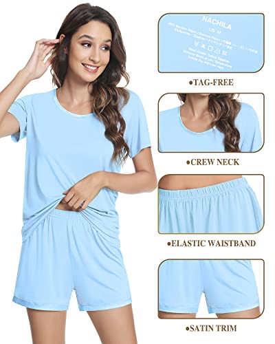 Nachila Women's Pajamas Set Soft Bamboo Pjs Short Sleeve Sleepwear Top With Shorts Nightwear Pale Blue Xx-Large #TOP3