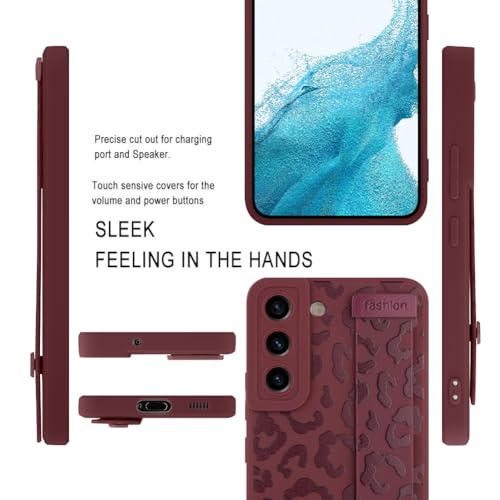 Image of Compatible with Samsung Galaxy S22 Plus Case with Strap Wrist | Cheetah Print Shockproof Soft TPU Protective Cover for Women Girls, Slim Anti Scratch Case 6.6 Inch, Wine Red