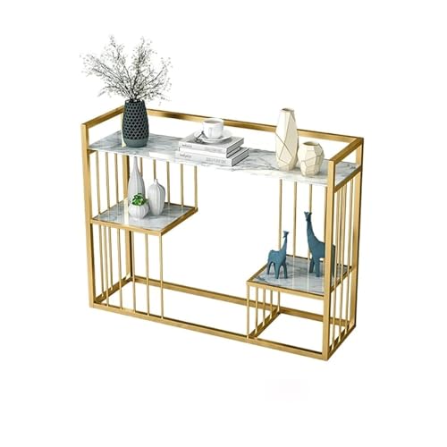 Image of ARTROCK Modern 3-Tier Console Table with Faux Marble Shelves, Gold Metal Frame, Narrow Entryway Sofa Table, Luxury Display Shelf Organizer for Living Room, Hallway, Bedroom & Office (White Gold)