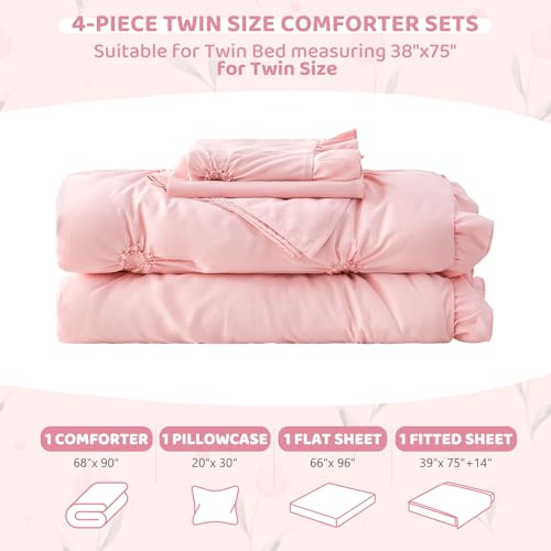 Image of Twin Comforter Set for Girls, Boho Pintuck Bedding Comforter Sets, 4 Pieces Ruffles Jacquard Embroidery Twin Bedding Sets with Comforter, Fitted Sheet, Flat Sheet and Pillowcase, Pink