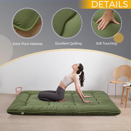 MAXYOYO 6\" Extra Thick Japanese Floor Mattress Futon Mattress, Foldable Tatami Pad for Adults, Roll Up Floor Bed for Guest Room Bedroom RV, Green, Queen