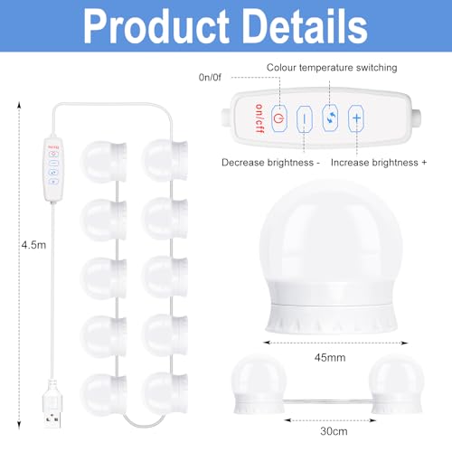 NVIYAM 10 LED Spiegelleuchte mit 3 Farbe, Dimmbar Hollywood Schminktisch Licht, Schminktisch Beleuchtung, Schminklicht für Spiegel… – Ansicht 2