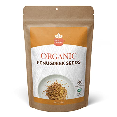 SPICY ORGANIC Fenugreek Seeds 8oz – USDA Certified Organic, Non-GMO, Gluten Free, All-Natural Methi for Cooking, Herbal Tea, Sprouting & Natural Hair Care – Raw Spice for Methi Water – Product of India