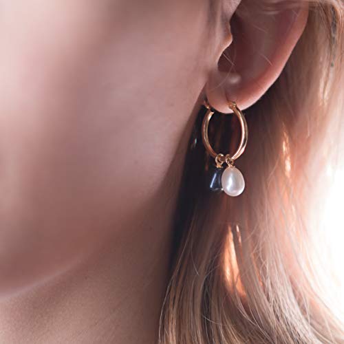 MOLAH 925 Silver Multi-use Hoop Sade Earrings 7-7.5mm Cultured Freshwater Drop White and Black Peacock Pearl 4-in-1 Yellow Gold Plated4