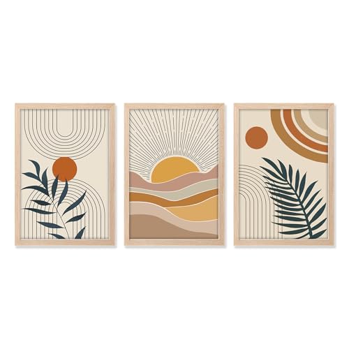 Image of NoWorries Boho art Framed Painting Set of 3 | Abstract prints mid century modern decor Frames | Sun wall art neutral wall decor minimalist line art | Botanical leaf prints scandinavian wall art Fame | Beige aesthetic Decor for living room, bedroom, office and gallery (Art-13, 13x19inch, Wooden)