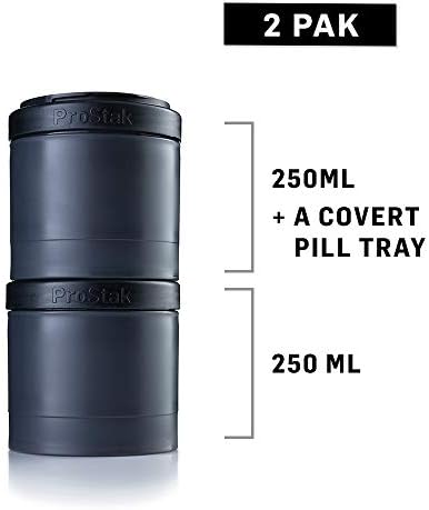 BlenderBottle ProStak Expansion 2 opakowania (2 x 250 ml) | Twist n' Lock słoiki do przechowywania z tacą na tabletki, czarne