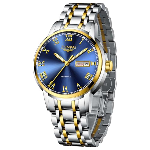 ZUNPAI Men's Business Dress Watch, Stainless Steel Band, Analog Quartz, Luminous Calendar, Waterproof (Two-Tone Blue)