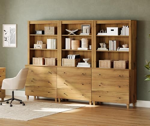 WAMPAT 71" Tall Bookcase with 9 Drawers & Open Shelves, 3 Column Modern 3-Tier Bookshelf with Adjustable Shelf, 106" Wide Wooden Display Book Shelf for Home Office, Living Room, Bedroom, Oak Brown WAMPAT 71" Tall Bookcase with 9 Drawers & Open Shelves, 3 Column Modern 3-Tier Bookshelf with Adjustable Shelf, 106" Wide Wooden Display Book Shelf for Home Office, Living Room, Bedroom, Oak Brown