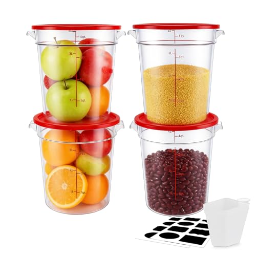 WELKOR 4-Pack Food Storage Container with Lid,Round Plastic Storage Box with Scale & Grip Perfect for Cake Prep, Marinating, Dough Mixing, Kitchen Supplies (Red, 4QT)