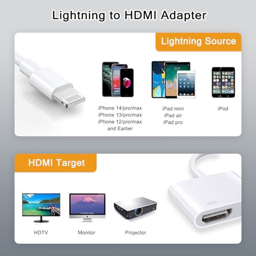 TIEDXIOY HDMI Adapter for iPhone to TV, Full 1080P HD Digital AV Adapter Screen Converter with Charging Port, Compaitble with iPhone iPad to HDMI Adapter Cable for HDTV, Monitor, Projector