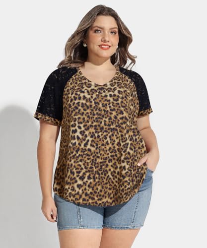 Image of CARCOS Plus Size Tops for Women Short Sleeve Shirt Summer Star /Leopard /Tie Dye /Flower Crewneck Pullover Tunic XL-5XL