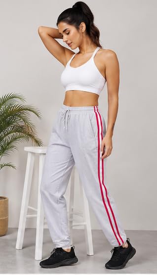 Image of London Hills Women's Regular Fit Mid Rise Cotton Blend Joggers Track Pants Striped Track Pants