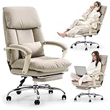 EMIAH Office Chair with Foot Rest, Ergonomic Executive Office Chair with Arms, Reclining High Back PU Leather Comfy Swivel Computer Desk Chairs with Wheels and Lumbar Support for Home Office, Beige