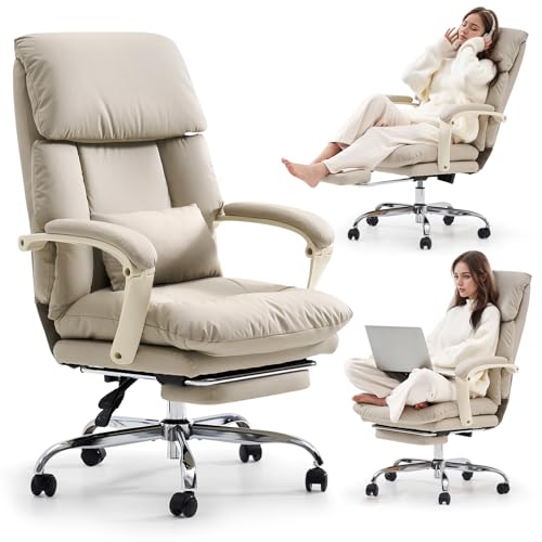 EMIAH Office Chair with Foot Rest, Ergonomic Executive Office Chair with Arms, Reclining High Back PU Leather Comfy Swivel Computer Desk Chairs with Wheels and Lumbar Support for Home Office, Beige